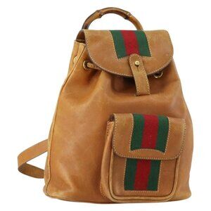 GUCCI Bamboo Web Sherry Line Backpack Leather Brown Red Auth 151581